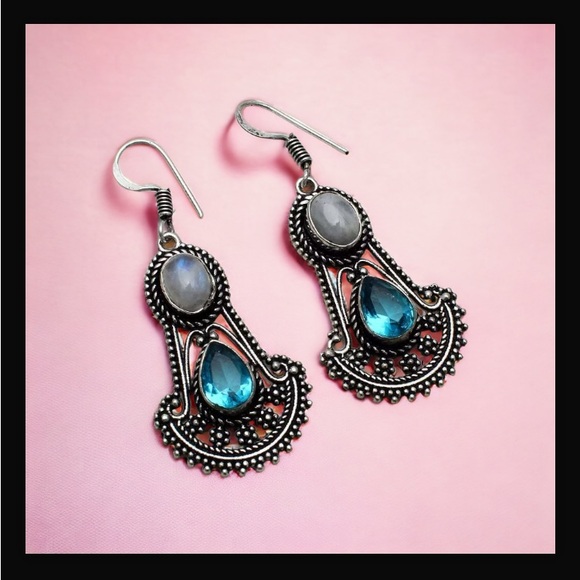 Rainbow Moonstone & Blue Topaz Drop Dangle Hook Style Earrings 2" L New With Tag - Picture 3 of 16